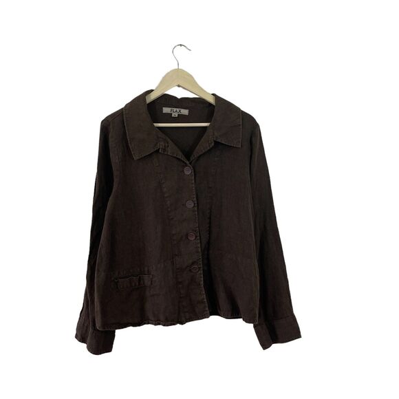 FLAX Medium Linen Top Button Front Jacket Shirt Brown Long Sleeve Top Womens - Picture 1 of 12